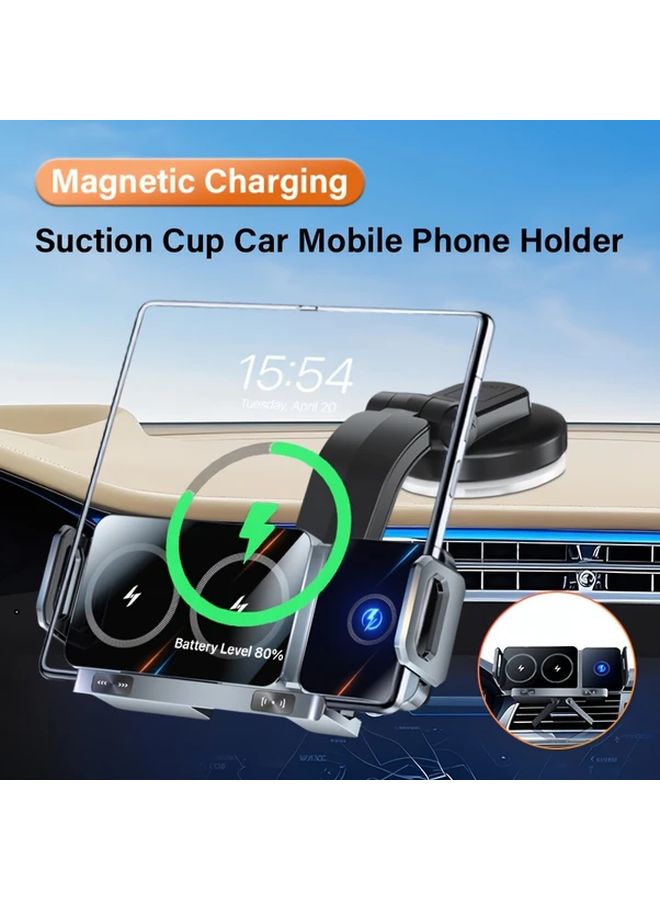 Grey 2 In 1 Rotating Car Phone Stand Wireless Charger 15W Fast Charging Foldable - Image 1